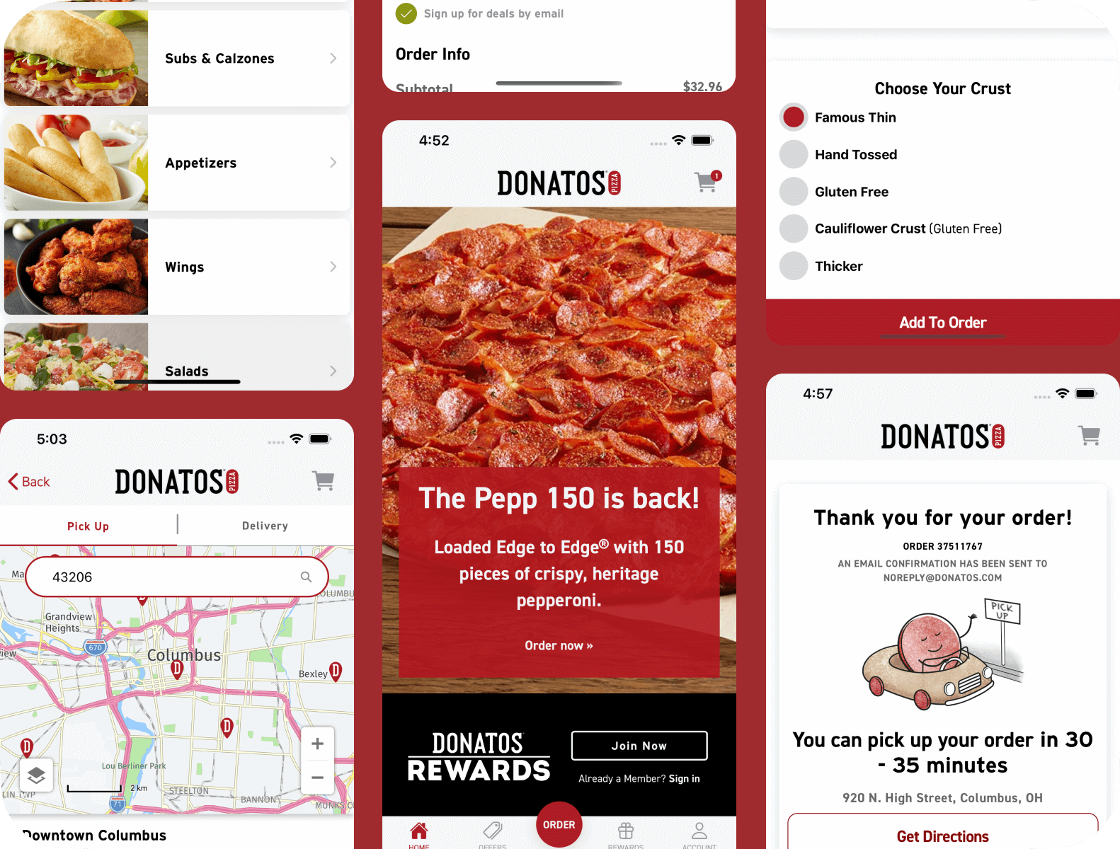 Screenshots of Donatos Pizza app order and menu screens.