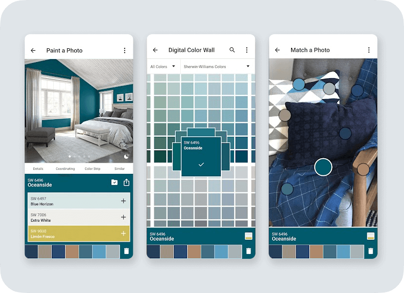 Three screenshots of the ColorSnap app. The first shows what a room would look like with a selected paint color. The second depicts the selection of a color on a digital color wall, and the third is a photo of pillows where colors from the photo are matched to Sherwin-Williams paint colors.