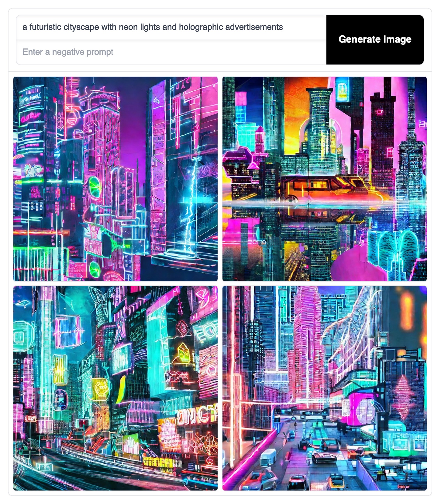 a futuristic cityscape with neon lights and holographic advertisements