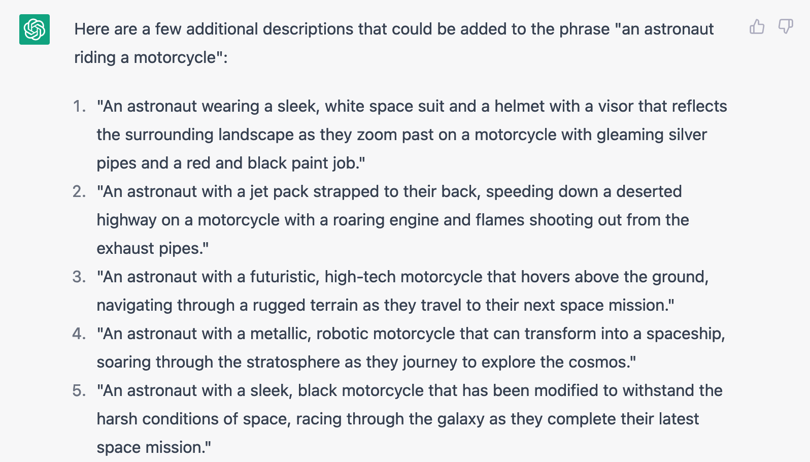Add additional descriptions to the following phrase: an astronaut riding a motorcycle