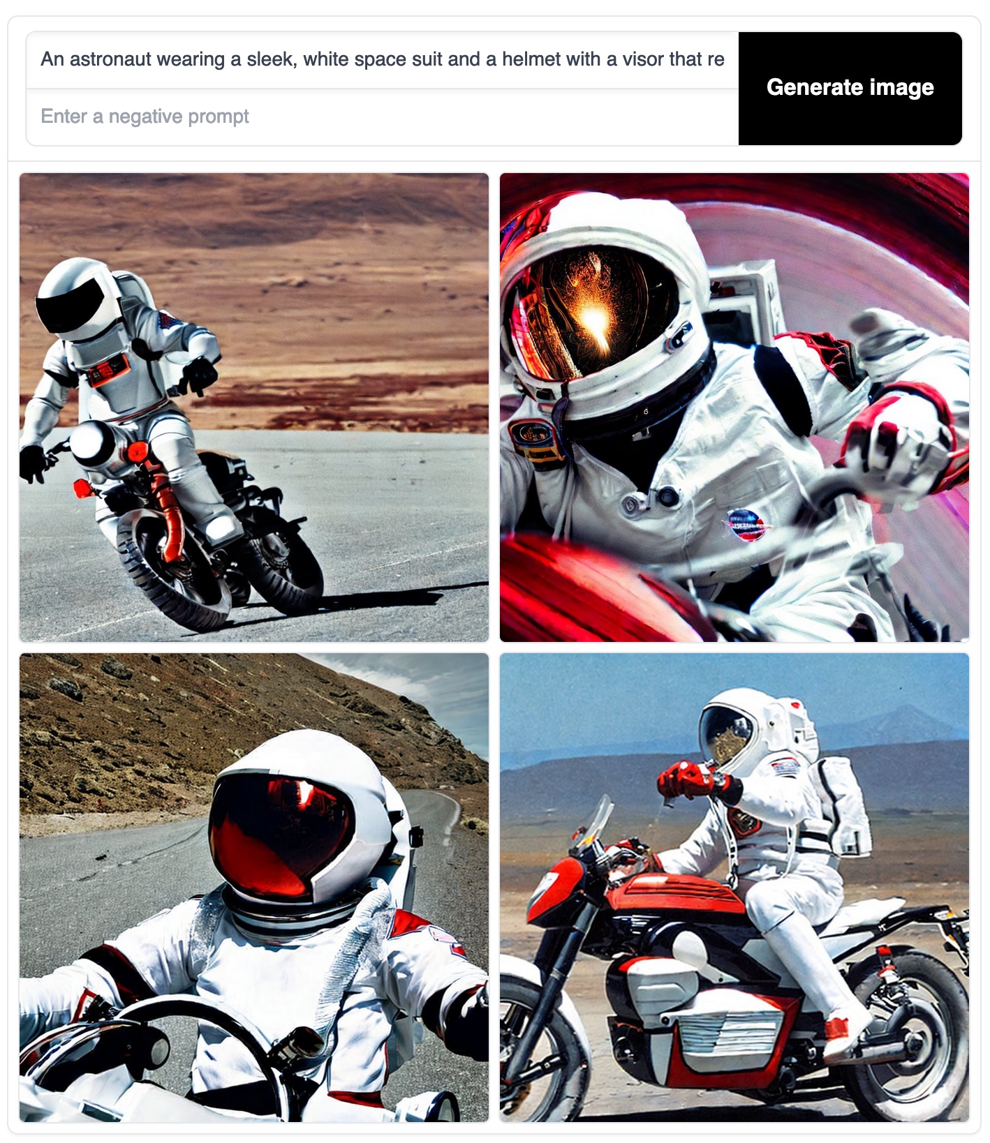 An astronaut wearing a sleek, white space suit and a helmet with a visor that reflects the surrounding landscape as they zoom past on a motorcycle with gleaming silver pipes and a red and black paint job