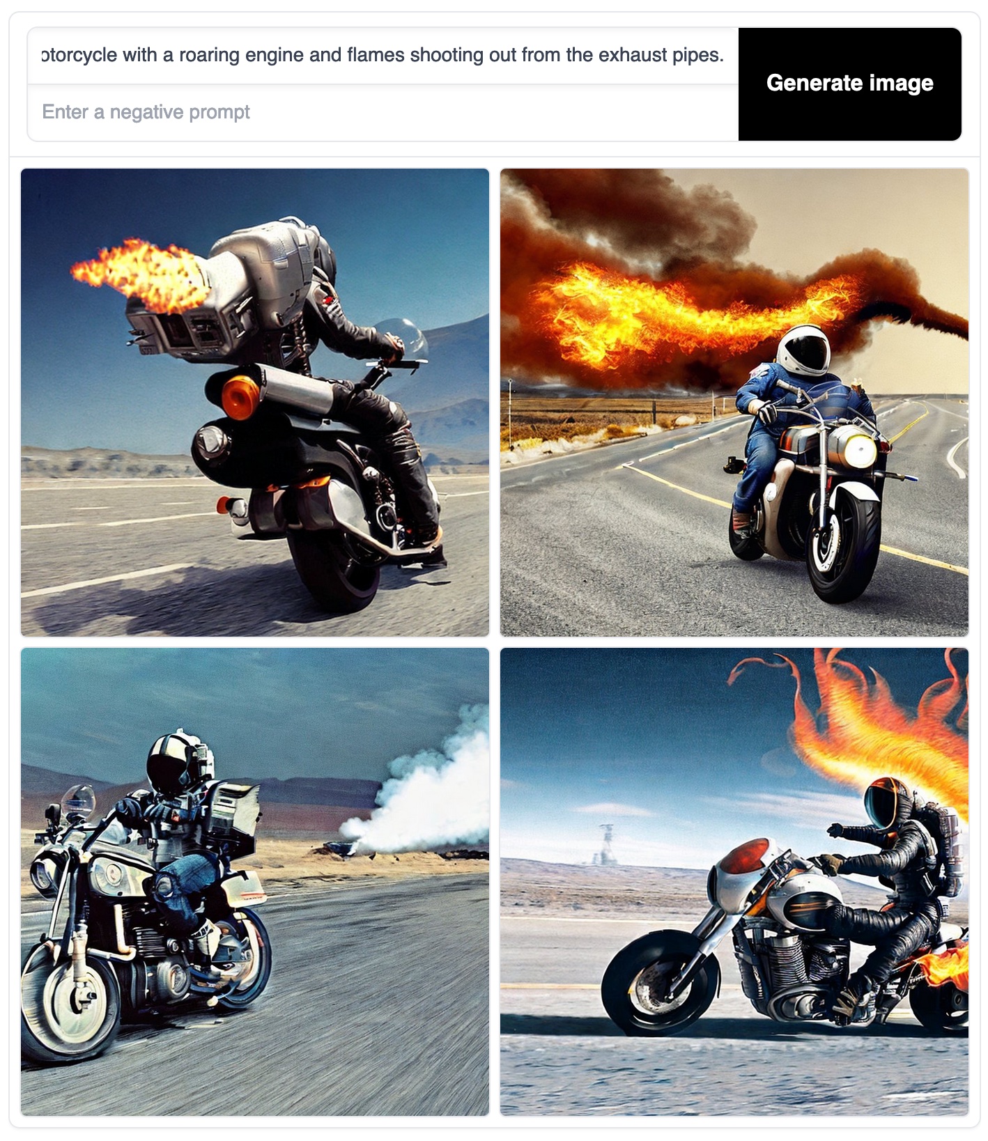 An astronaut with a jet pack strapped to their back, speeding down a deserted highway on a motorcycle with a roaring engine and flames shooting out from the exhaust pipes.