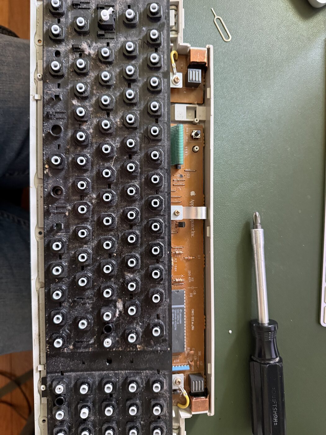 The keyboard with every keycap removed, exposing the bare key switches, ready for retrobrighting