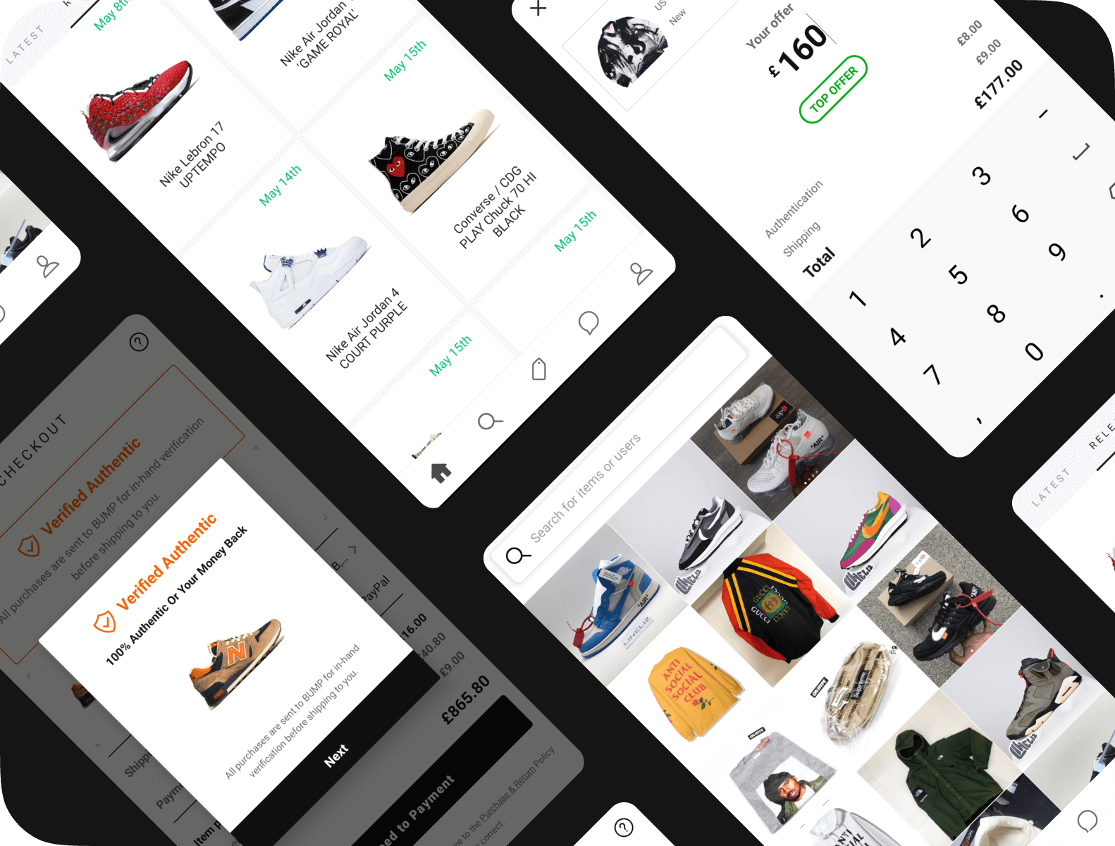 Multiple screenshots, arranged diagonally of the Bump app showing sneakers for sale and the checkout process.