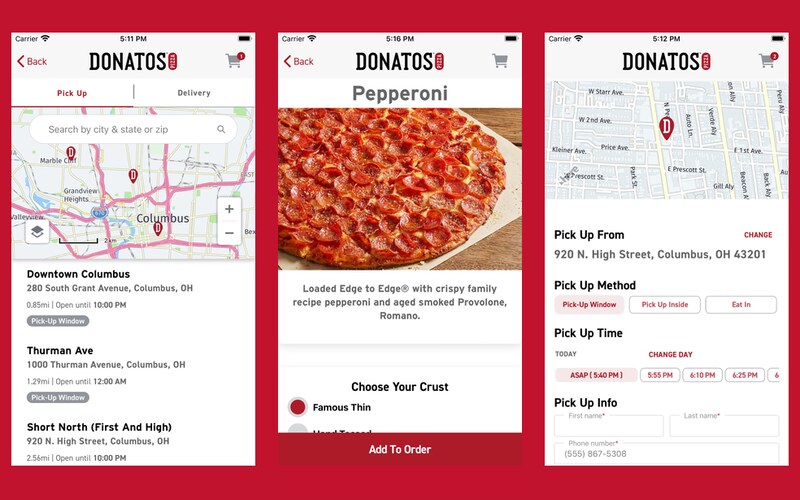 Donatos app screens