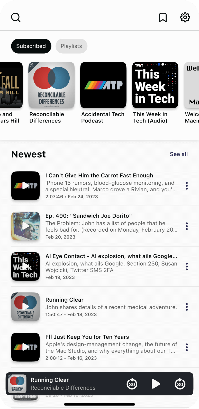 Castle app screenshot depicting the home screen of a podcast player app. It icons for popular podcasts such as Accidental Tech Podcast, This Week in Tech, and Reconcilable Differences displayed.