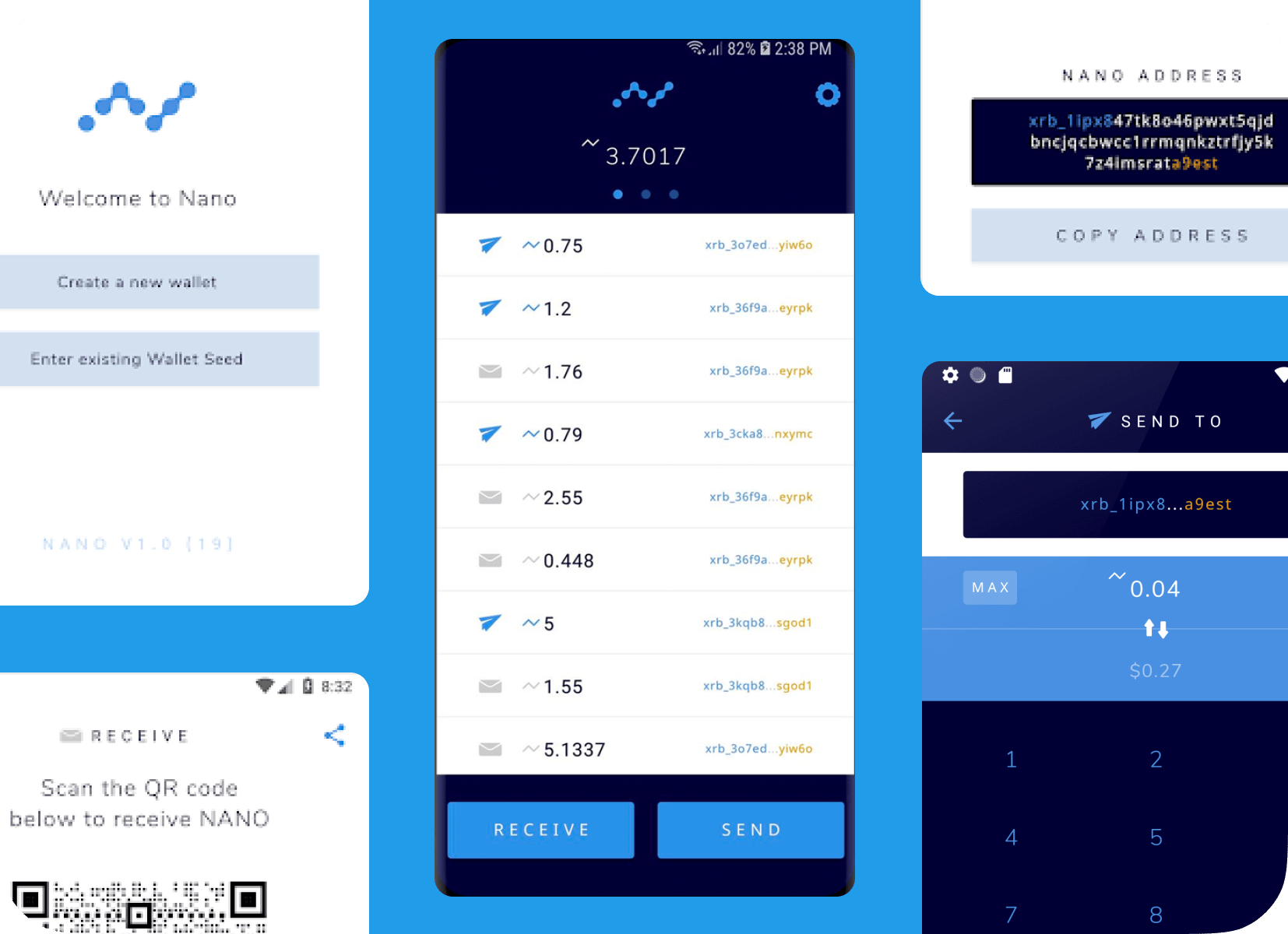 Screenshots of the Nano cryptocurrency app. The screenshots show transactions in a wallet and transfering crypto screens.