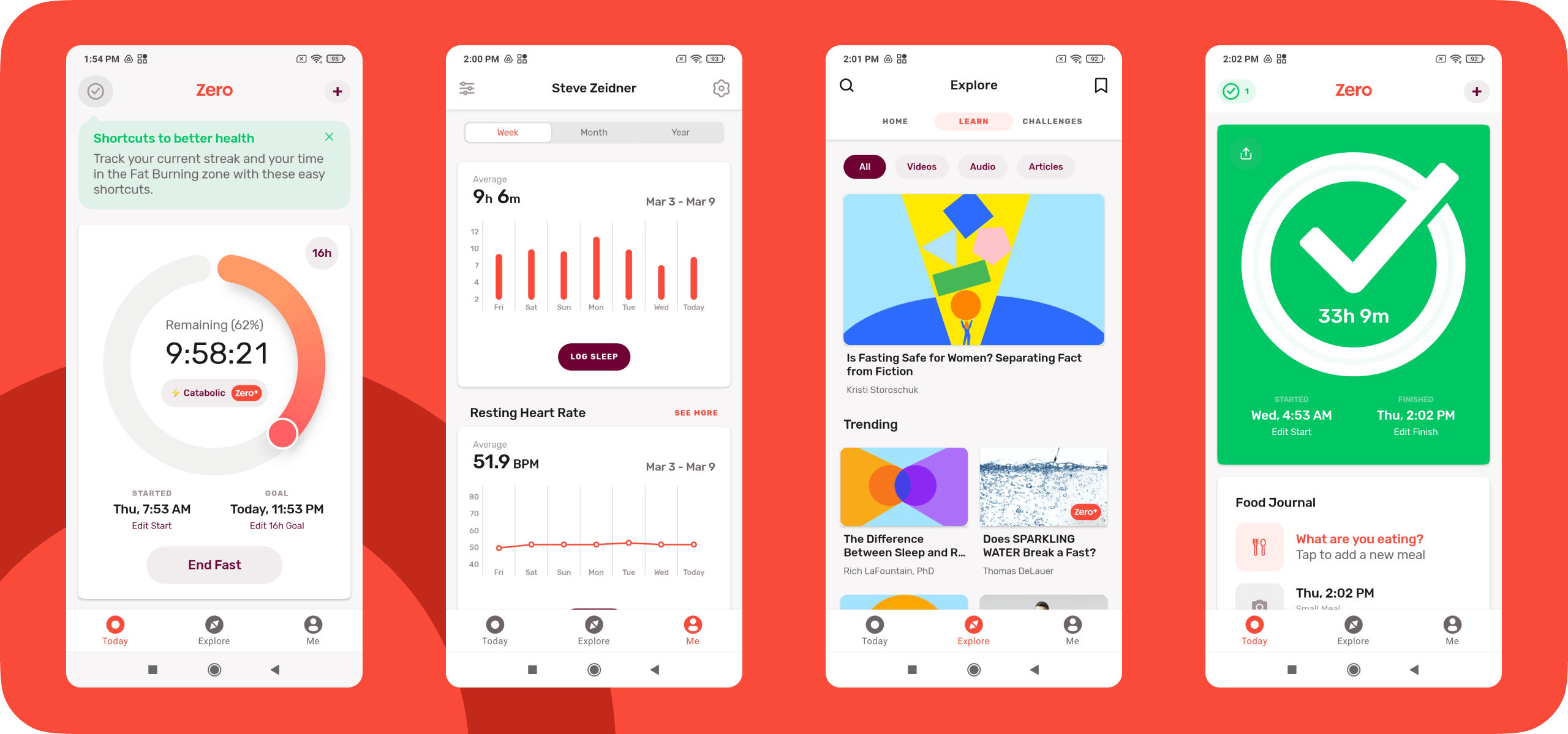 Four screenshots of the Zero Longevity Science Android app. From left to right, the screenshots show an in-progress fasting timer, sleep and heart rate stats, articles on the explore screen, and a completed timer with fasting journal.